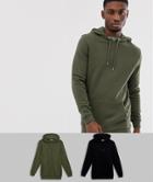 Asos Design Longline Hoodie 2 Pack Khaki/ Black Save-multi