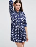 Ax Paris Heart And Floral Print Belted Shirt Dress - Navy