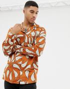 Boohooman Regular Fit Revere Collar Sateen Shirt With Leaf Print In Orange - Orange