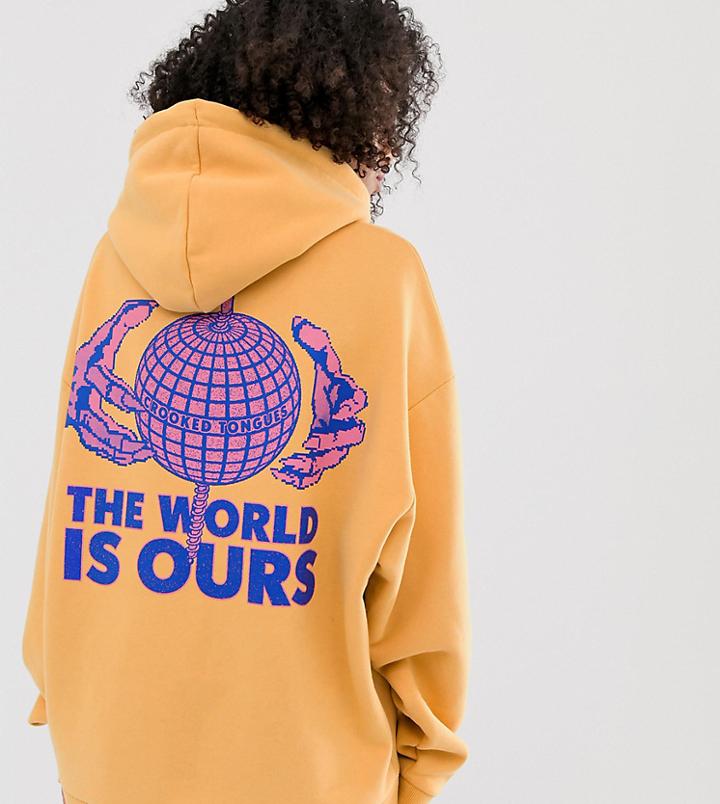 Crooked Tongues Oversized Hoodie With This World Is Ours Print - Yellow