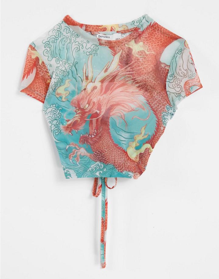 Bershka Dragon Graphic Mesh Backless Tie-up Top In Blue-green