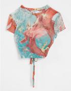Bershka Dragon Graphic Mesh Backless Tie-up Top In Blue-green