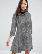 Unique 21 Button Front Dress With Pep Hem - Black