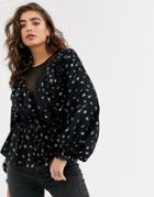 Asos Design Floral Long Sleeve Top With Mesh Lace Insert
