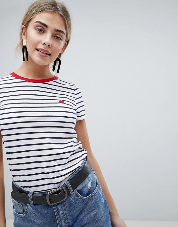 New Look Stripe Heart Tee - White