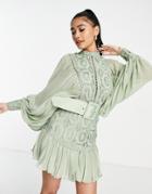 Asos Design Lace Mini Dress With Pleated Sleeve And Belt In Forest Green