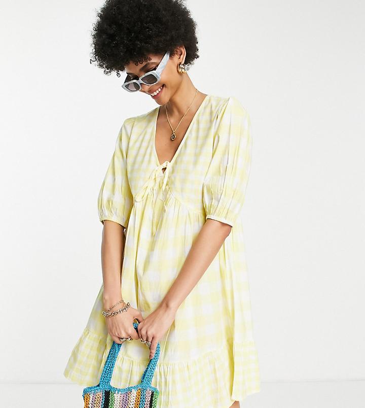 Influence Tall Short Sleeve Front Tie Mini Dress In Yellow Gingham