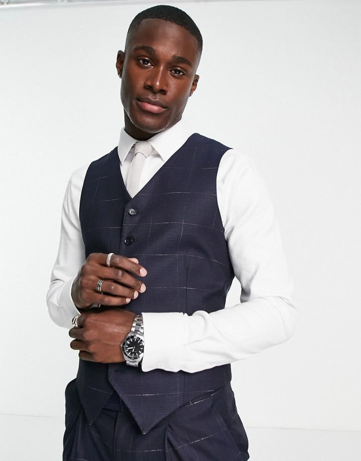 Noak Skinny Premium Fabric Vest In Navy Windowpane Plaid With Two-way Stretch