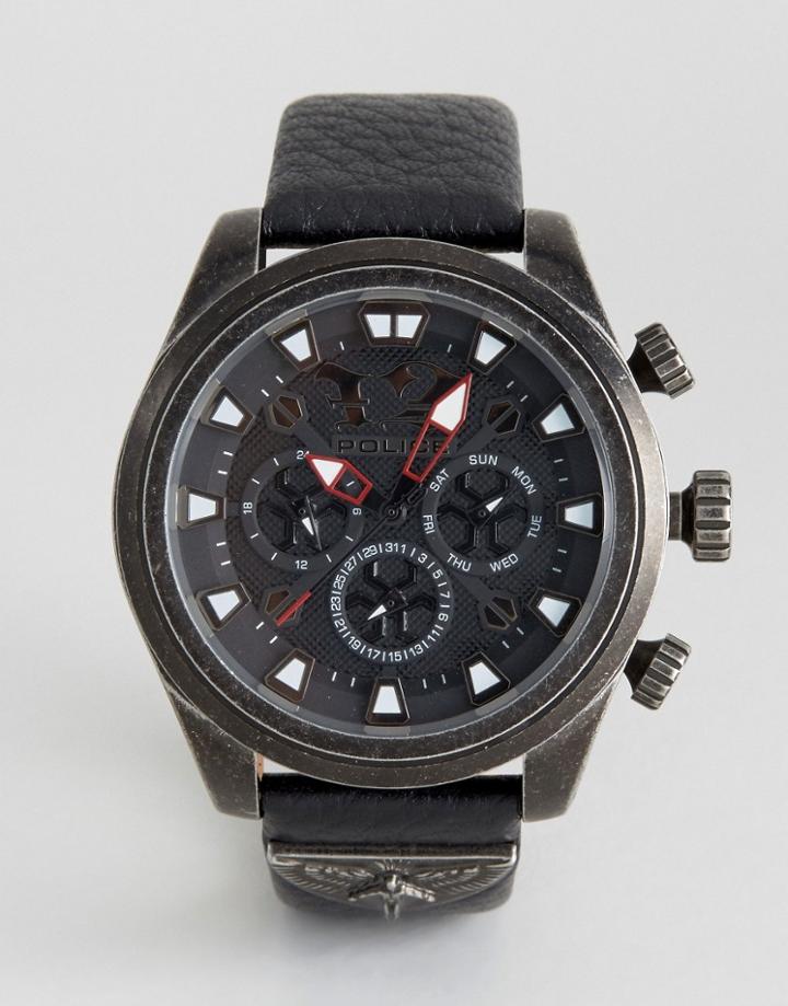 Police Mephisto Black Leather Watch - Black