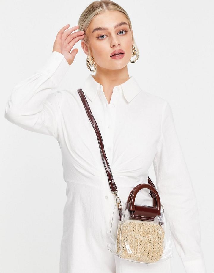 Truffle Collection Straw Bag In Clear And Cream With Brown Handle And Strap-white