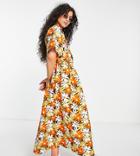 Collusion Twill Wrap Maxi Smock Dress In Orange Floral Print-multi