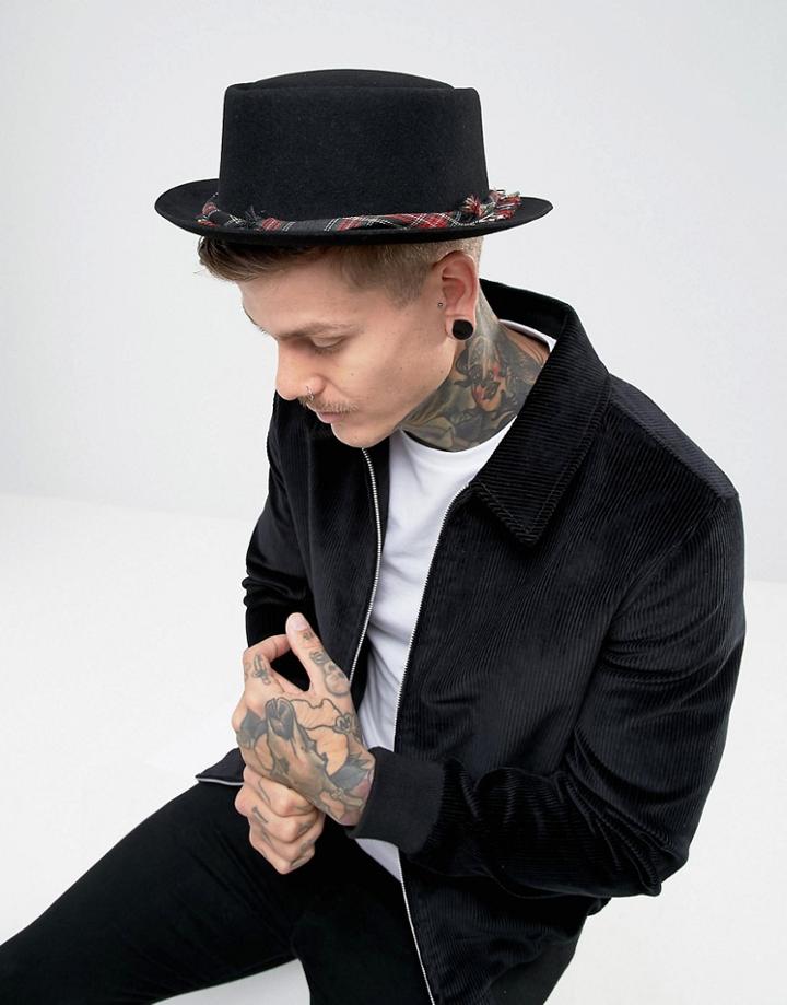 Asos Pork Pie Hat With Distressed Plaid Band - Black