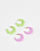 Asos Design Pack Of 2 Hoop Earrings In Green And Purple Color Twist Design-multi