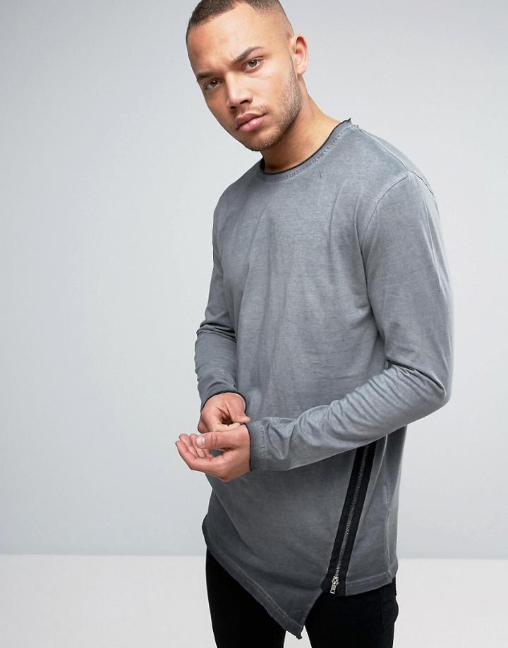Yourturn Longline Long Sleeve T-shirt In Gray With Zip Detail - Black