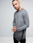 Yourturn Longline Long Sleeve T-shirt In Gray With Zip Detail - Black