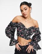 Love & Other Things Off Shoulder Long Sleeve Crop Top With Puff Sleeves In Floral Print-black