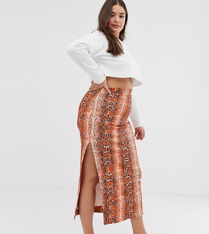 Asos Design Curve Colored Snake City Maxi Skirt With Split - Multi