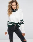 Asos Cable Sweater With Check Pattern In Crop - Multi