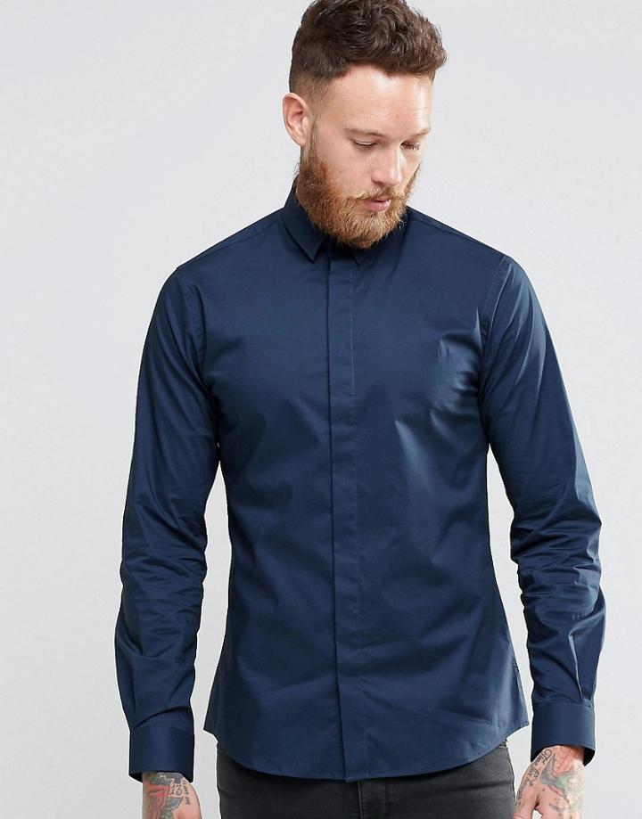 Noose & Monkey Skinny Shirt With Point Collar With Stretch - Navy