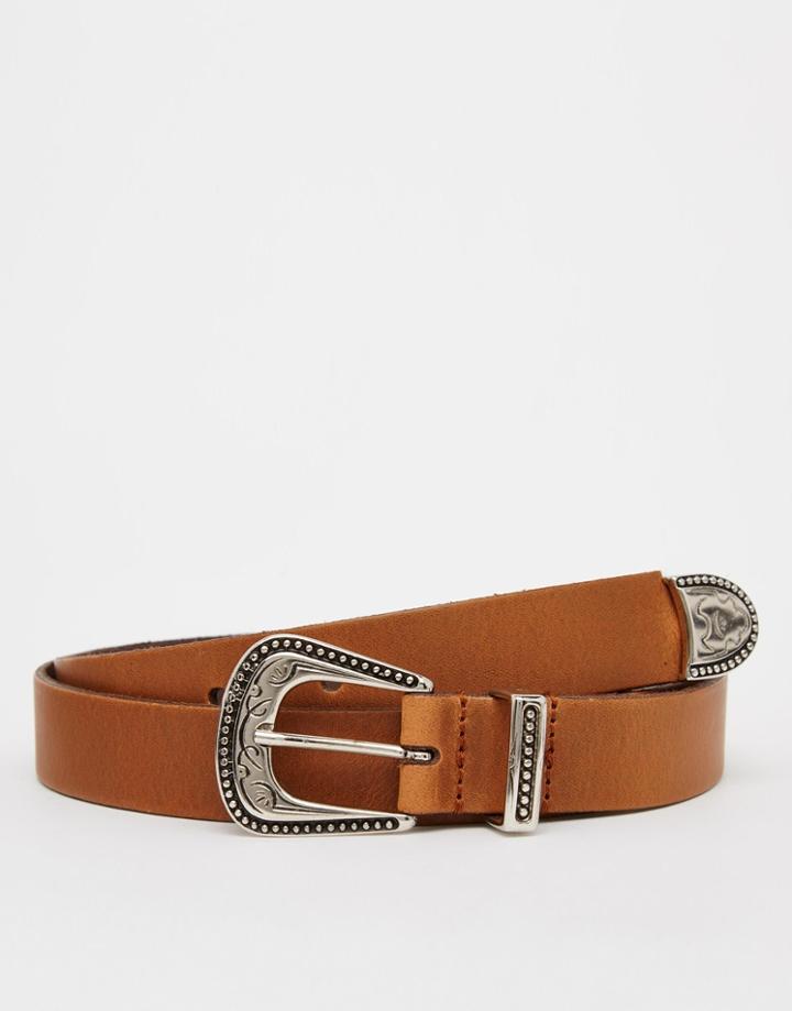 Asos Leather Belt With Western Buckle - Tan