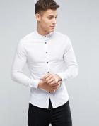 Asos Super Skinny Shirt In White With Grandad Collar And Contrast Buttons - White