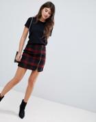 Asos Design Red Check Mini Skirt With Asymmetric Zip - Multi