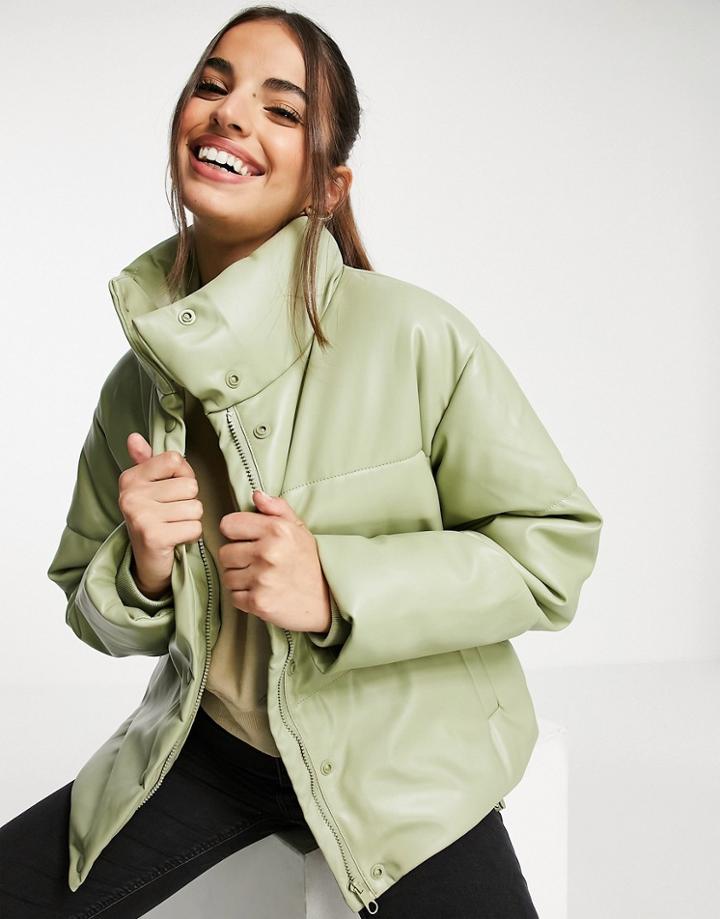 Stradivarius Faux Leather Padded Puffer Jacket In Light Khaki-green