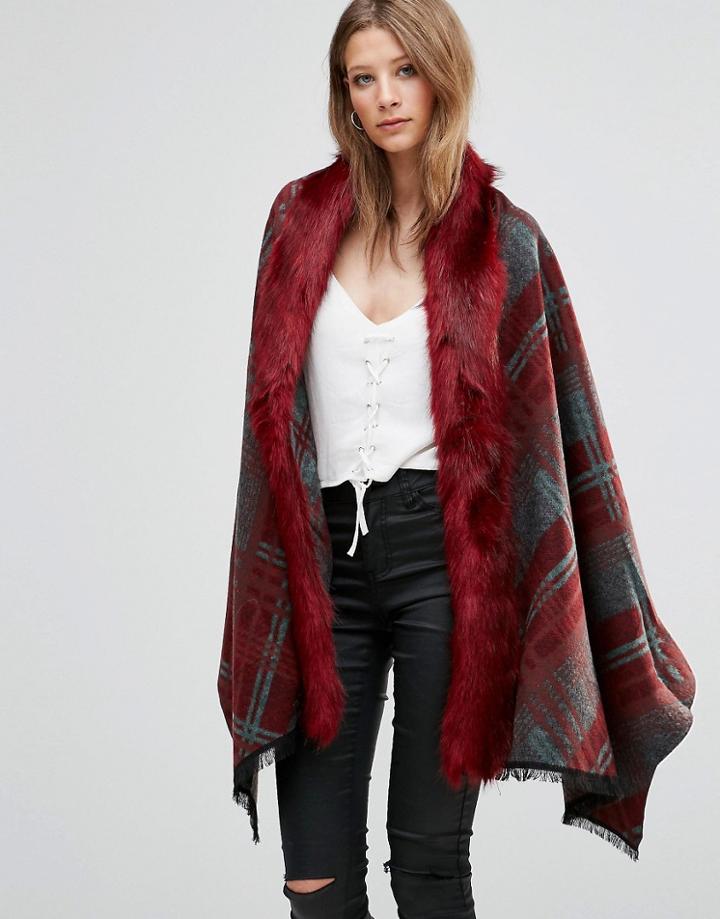 Jayley Check Faux Fur Trim Oversize Coat In Red - Red
