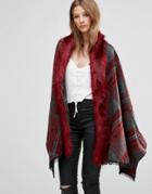 Jayley Check Faux Fur Trim Oversize Coat In Red - Red