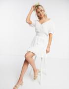 Asos Design Crinkle Shirred Waist Mini Dress With Puff Sleeves In White