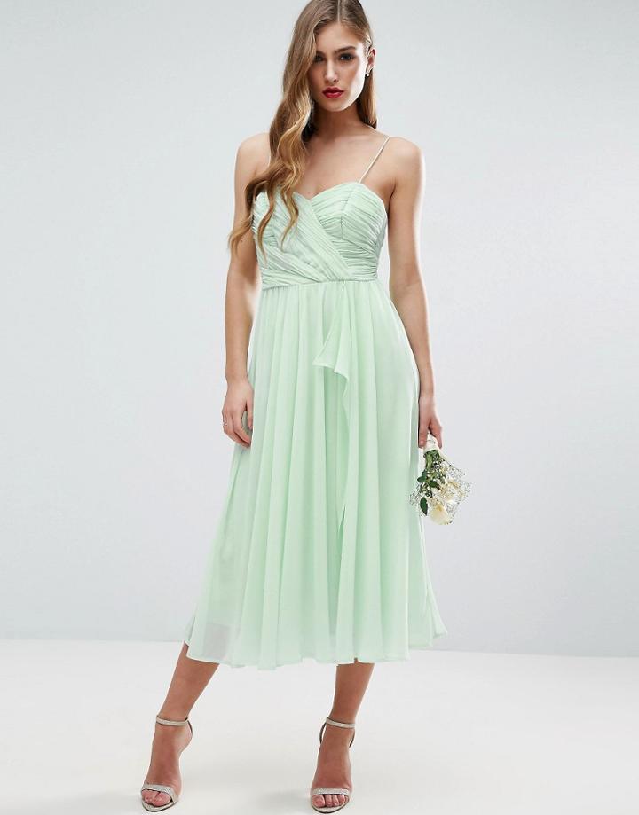 Asos Wedding Ruched Cami Midi Dress With Ruffle Front - Green