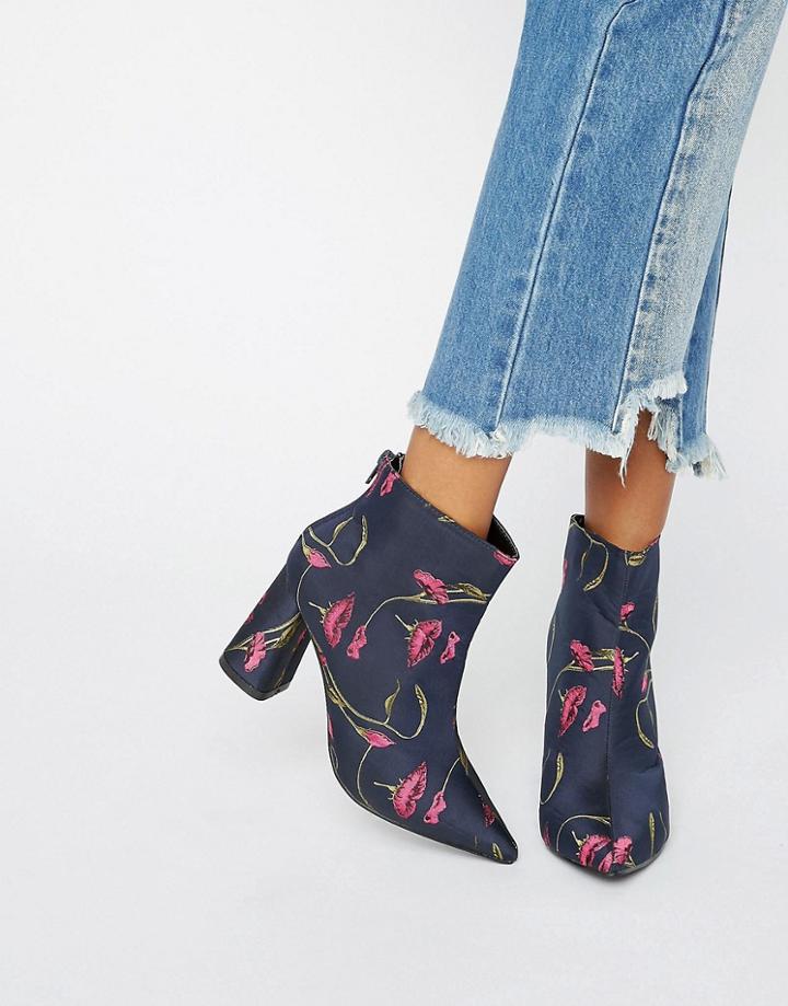Daisy Street Floral Heeled Ankle Boots - Multi