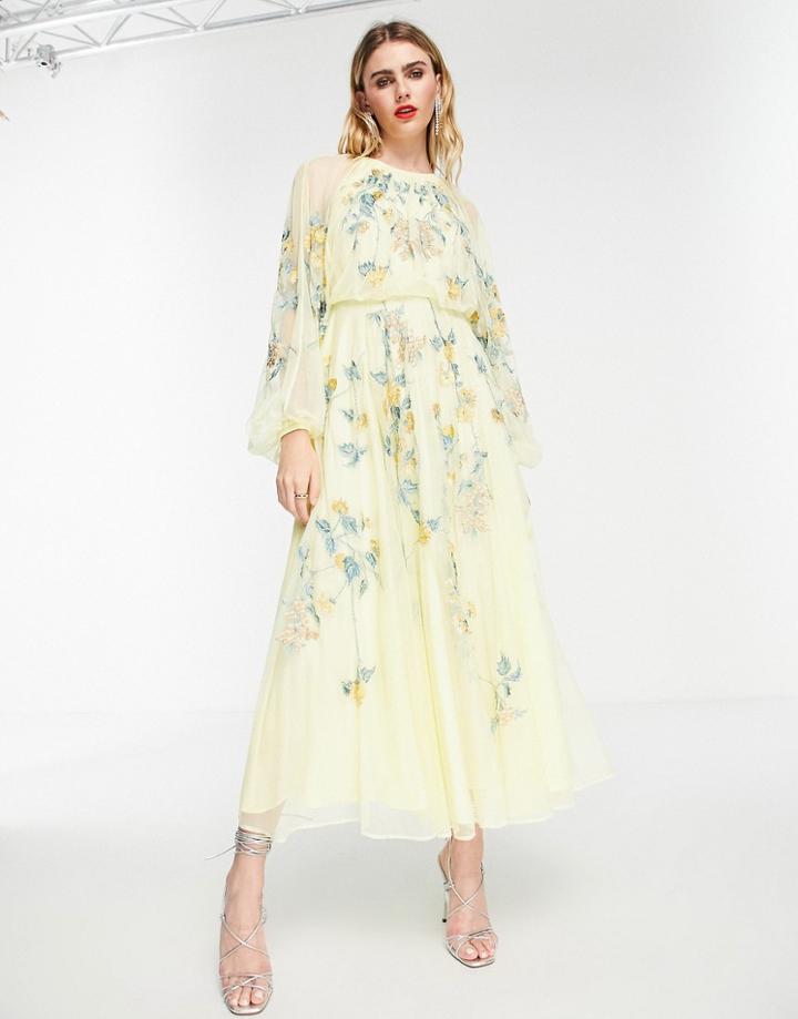 Asos Edition Floral Embroidered Mesh Midi Dress With Blouson Sleeves In Lemon-yellow