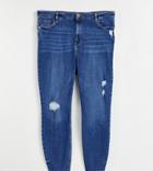 River Island Plus Ripped Raw Hem High Rise Skinny Jeans In Mid Auth Blue-blues