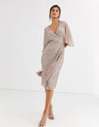 Maya Bridesmaid Delicate Sequin Wrap Midi Dress In Taupe Blush-brown