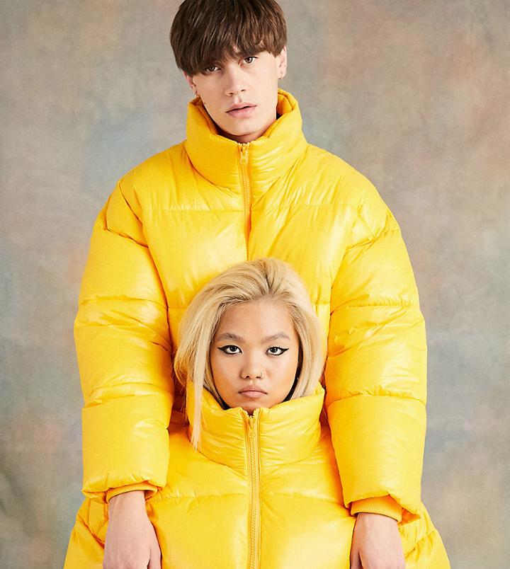 Collusion Unisex Nylon Puffer Jacket In Yellow-green