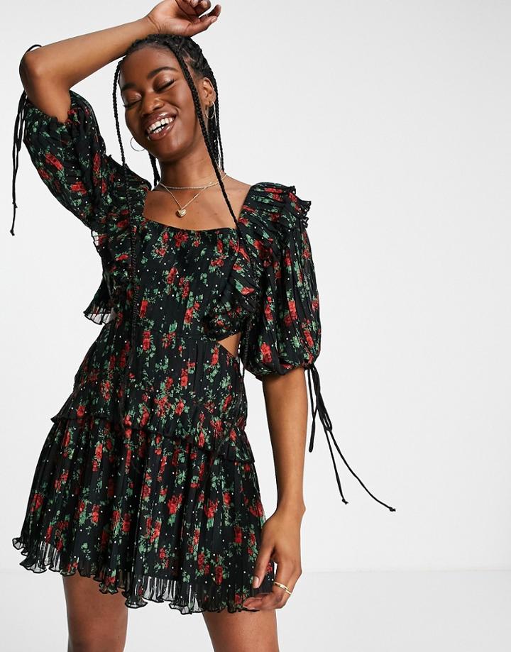 Asos Design Pleat Mini Dress With Ruffle And Tie Detail In Rose Floral Print-multi