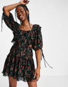 Asos Design Pleat Mini Dress With Ruffle And Tie Detail In Rose Floral Print-multi