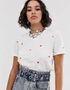 Bershka Heart Embroidered T-shirt In White - White