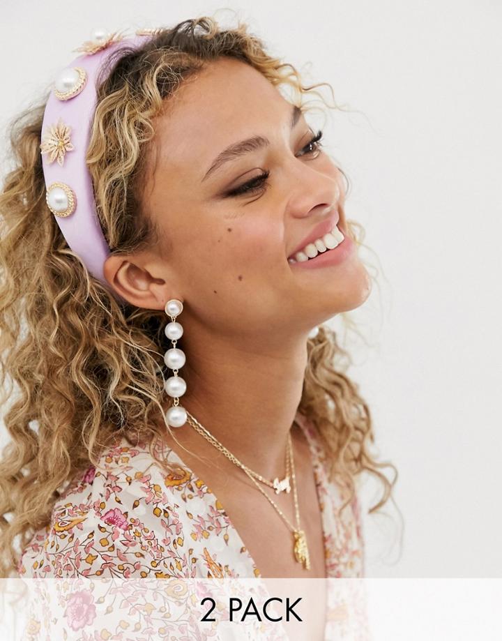 Asos Design Embellished Satin Headband And Pearl Drop Earrings Set-multi