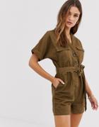 River Island Utility Romper With Belt In Khaki-green