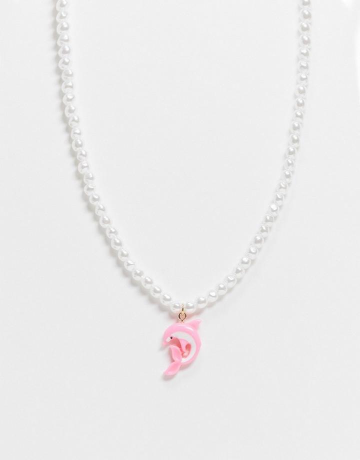 Asos Design Necklace With Pearl And Dolphin Charm-multi