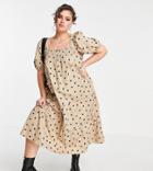 Influence Plus Puff Sleeve Cotton Poplin Midi Dress In Stone Polka Dot-neutral