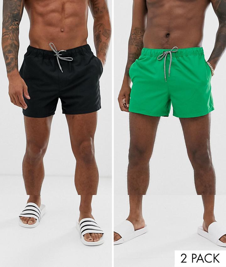 Asos Design Swim Shorts 2 Pack In Green & Black Short Length Multipack Saving