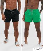 Asos Design Swim Shorts 2 Pack In Green & Black Short Length Multipack Saving