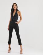 Lavish Alice Double Layer Tuxedo Jumpsuit With Satin Lapel In Black - Black