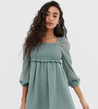 Asos Design Petite Shirred Square Neck Mini Skater Dress - Green