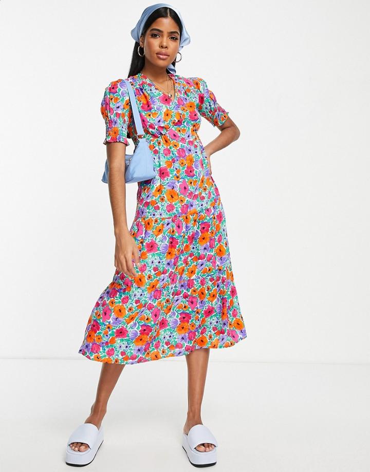 Influence Puff Sleeve Midi Tea Dress With Tie Back In Bright Floral-multi