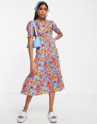 Influence Puff Sleeve Midi Tea Dress With Tie Back In Bright Floral-multi
