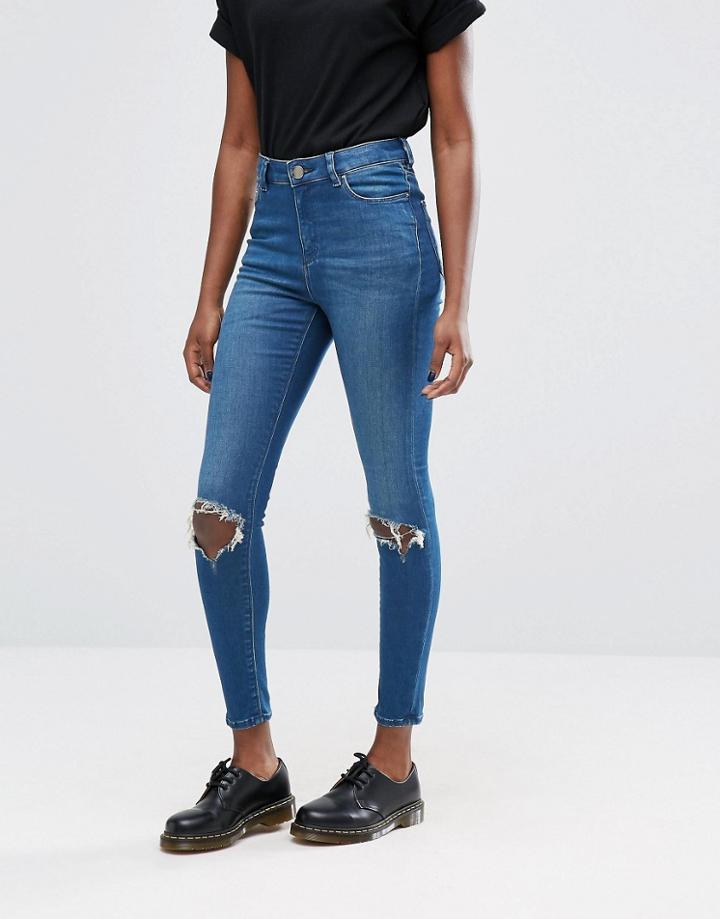 Asos Ridley High Waist Skinny Jeans In Mahogany Dark Stonewash With Busted Knee Rips - Blue